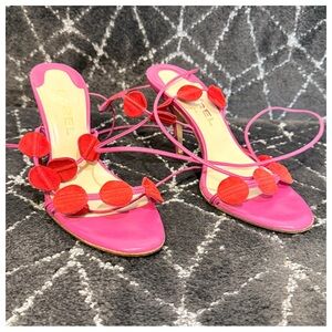 Bright Pink Lace-Up Heeled Sandals with Red Dot Accents